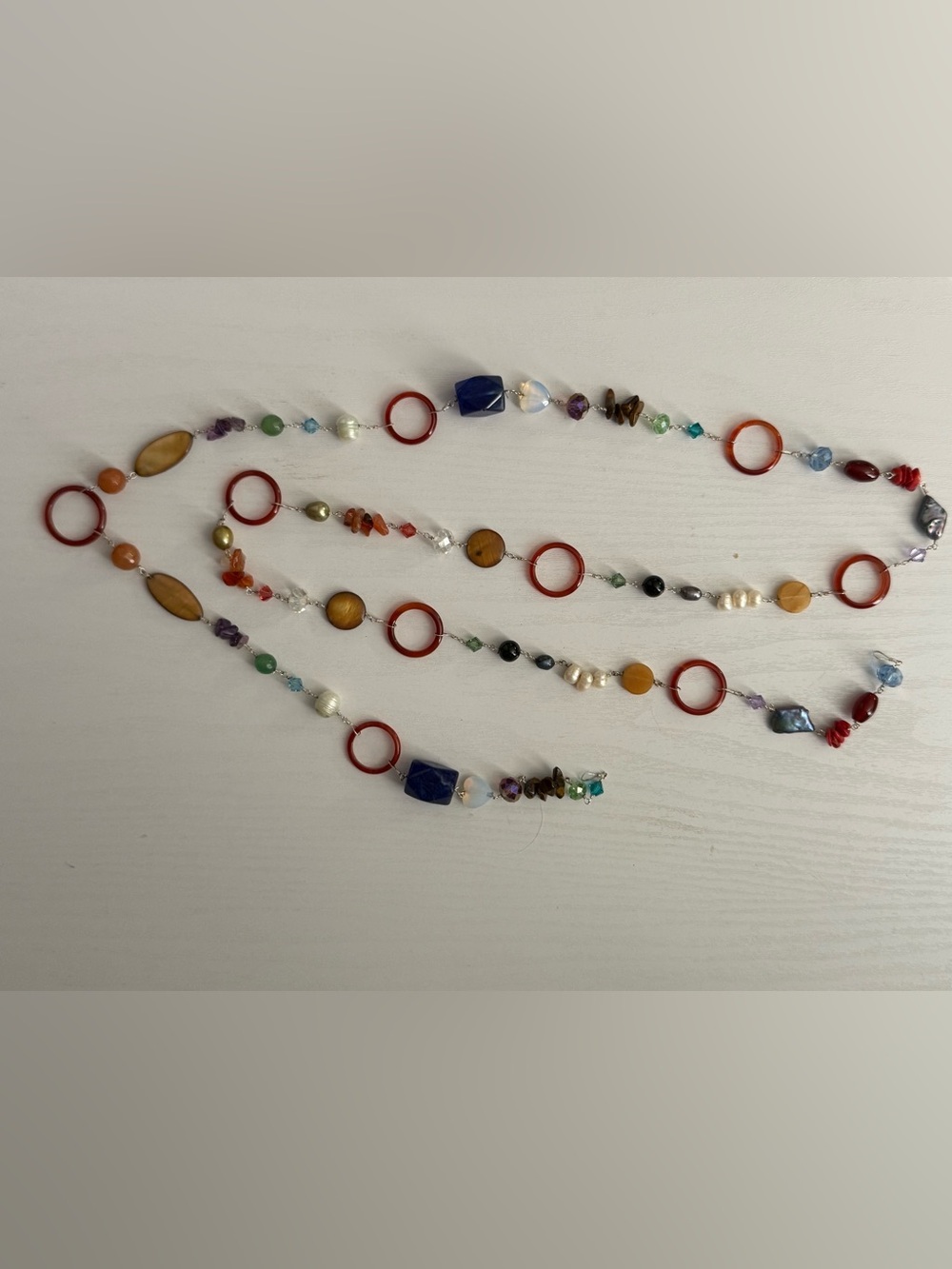 Multicolor Beaded Long Necklace with Red Ring Accents or Belt